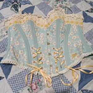 Floral Lace-Up Corset in Blue and Yellow